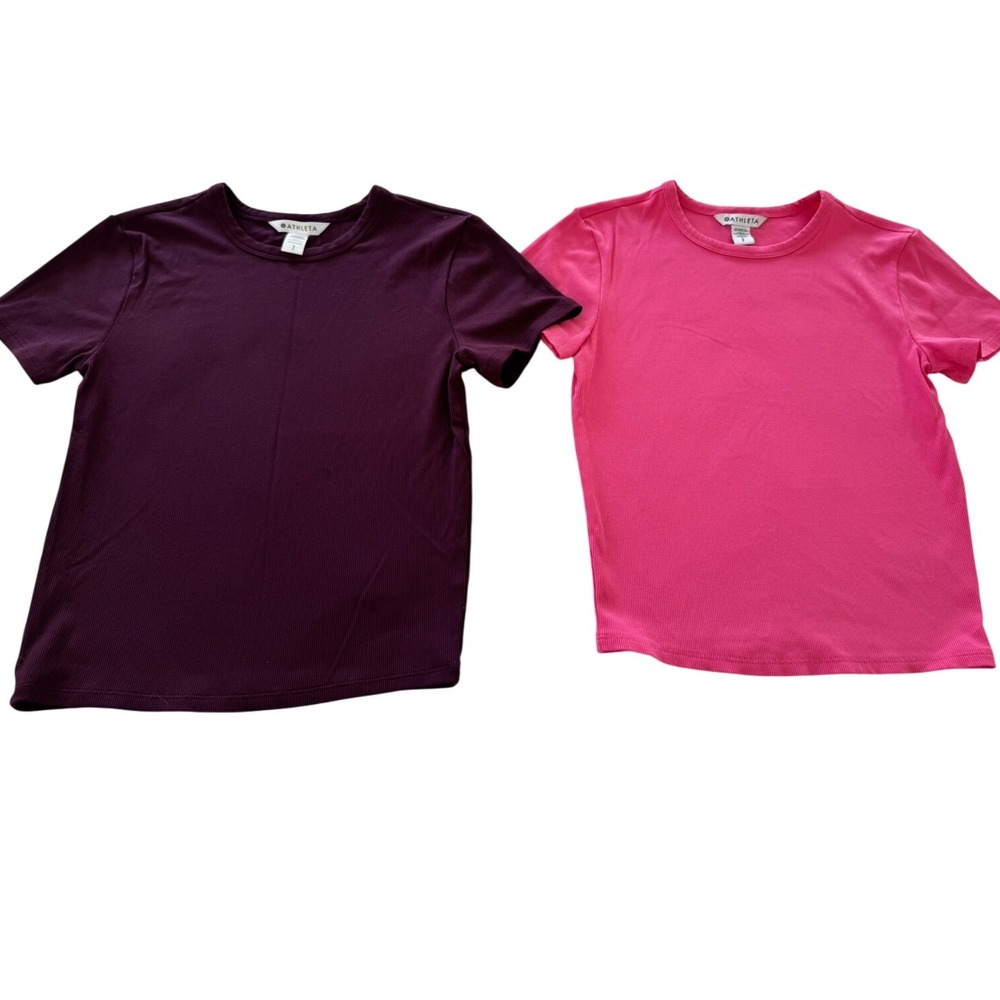 Athleta Signature Ribbed Crew Neck Tee Lot of 2 Pink Plum Stretch Tops Size S - Picture 3 of 8
